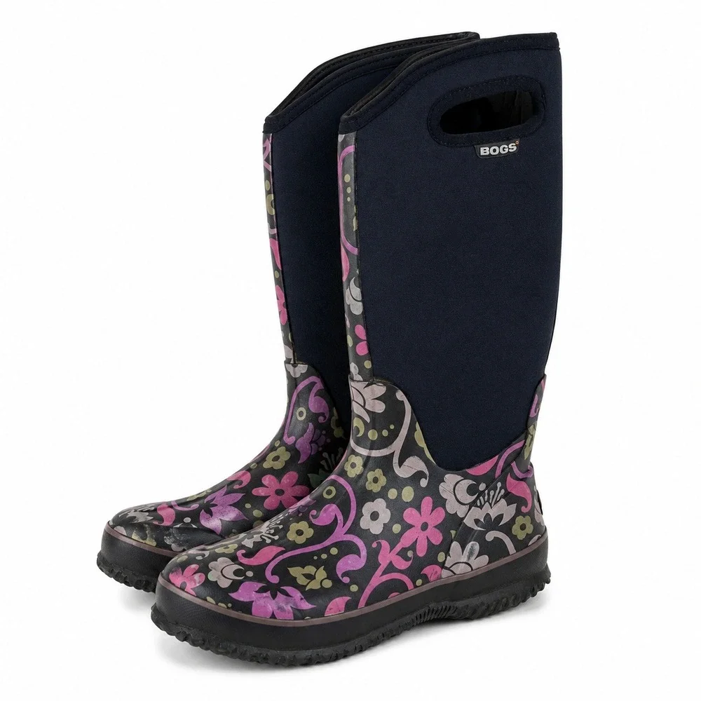 Bogs Womens sz 8‎ Snow Rain Boots Black Pink Floral Waterproof Insulated Winter